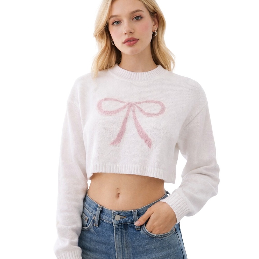 Edikted White Pink Bow‎ Graphic Cropped Knit Sweater S17412 Womens XS New